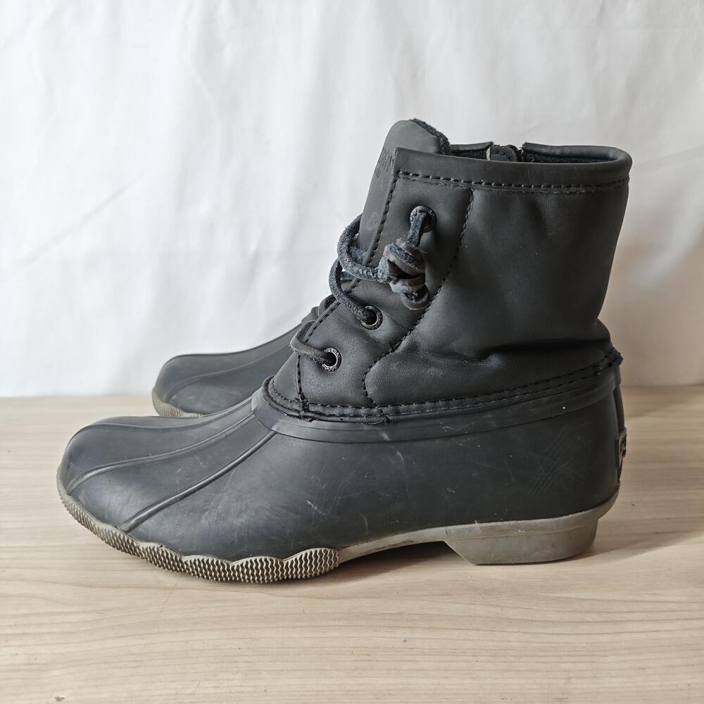 Sperry Saltwater Boots Girls Size 3 Black Ankle Rain Duck Zipper Lace Up